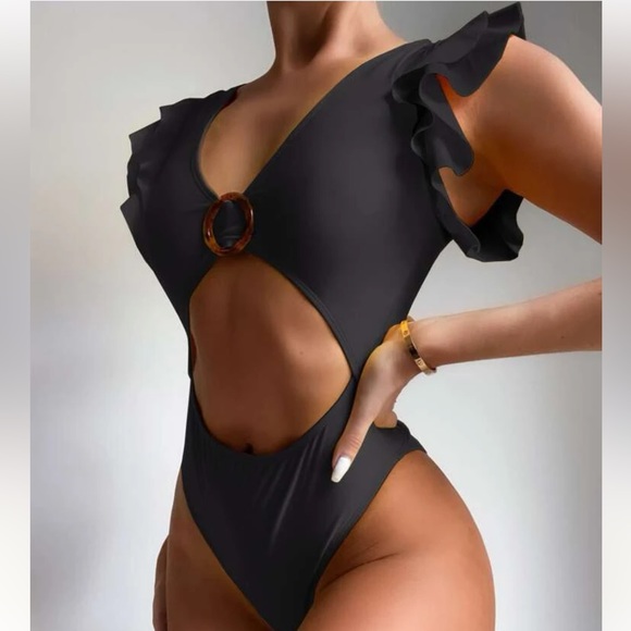 SHEIN | NWOT | Black Ruffled Shoulder Cut Out Once Piece Swim Suit - Picture 1 of 8